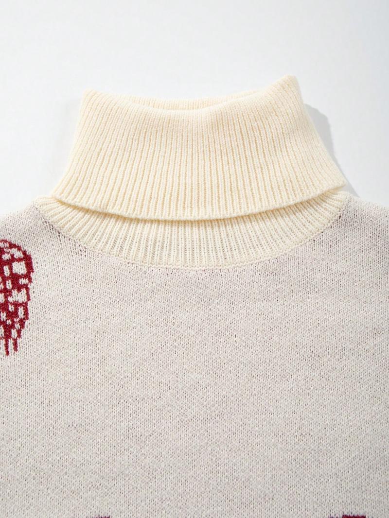 Men's New Casual Loose Fit High Neck Knit Sweater, Loose Casual Pullover, Full Heart Print, Vintage Versatile Commuter Long Sleeve Top, Valentine's Day Gift