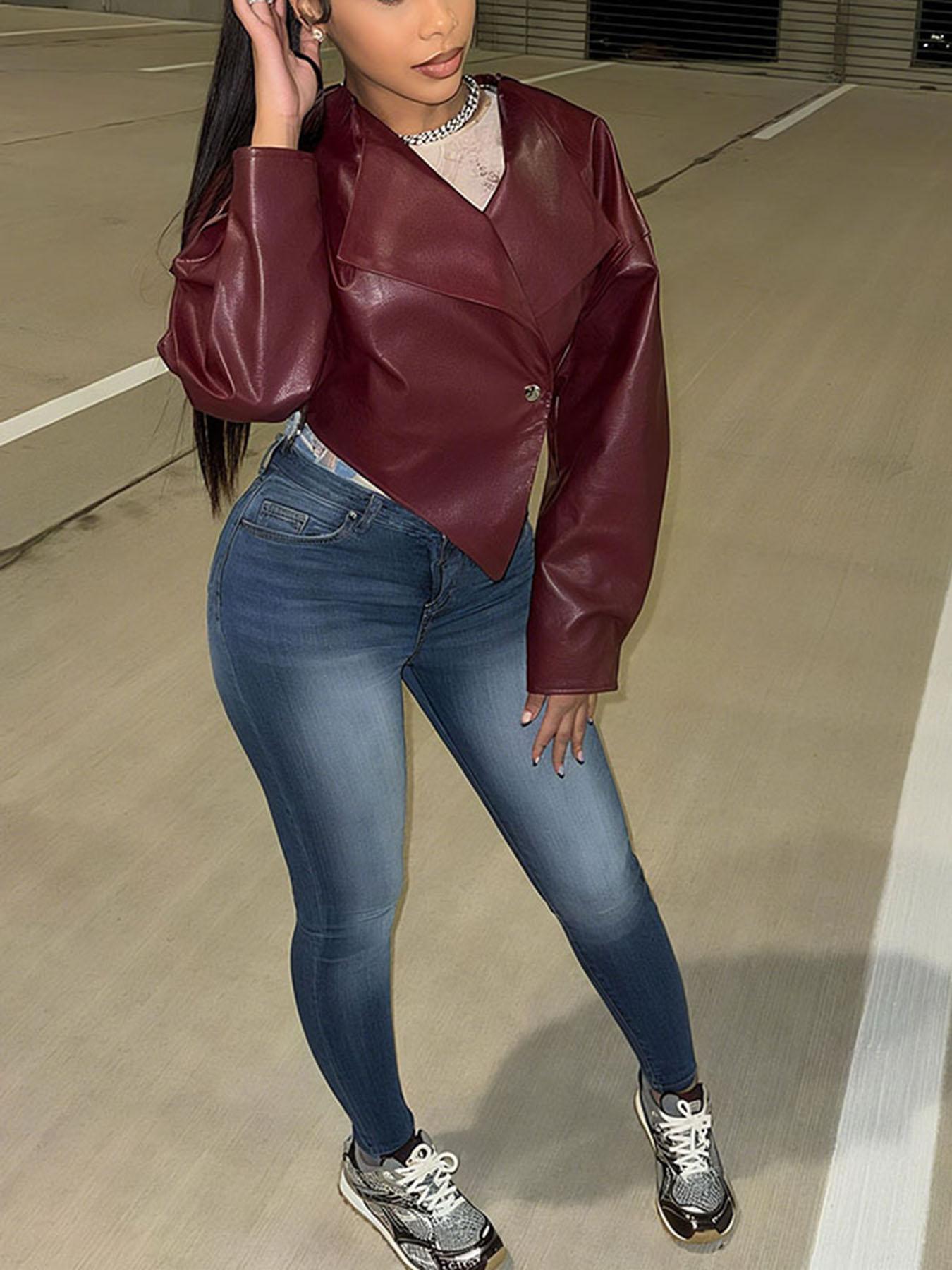 Women's Summer Fashion PU Leather Jacket, Casual Slim Fit Crop Top Coat, Stylish European Style Outerwear for Women, Casual Fashionable Outerwear