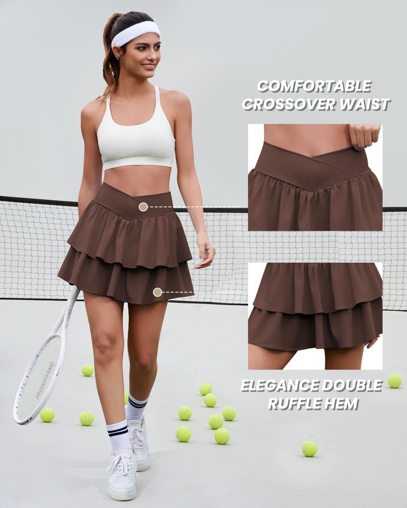 FireSwan Women's Ruffle Tennis Skirt with Shorts Pockets Athletic Crossover Layered Skorts Golf Running