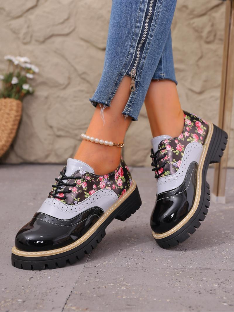 Women's Floral Patchwork Chunky Heel Platform Shoes, Adjustable Buckle Design, Casual PU Leather Sneakers for Daily Wear & Office