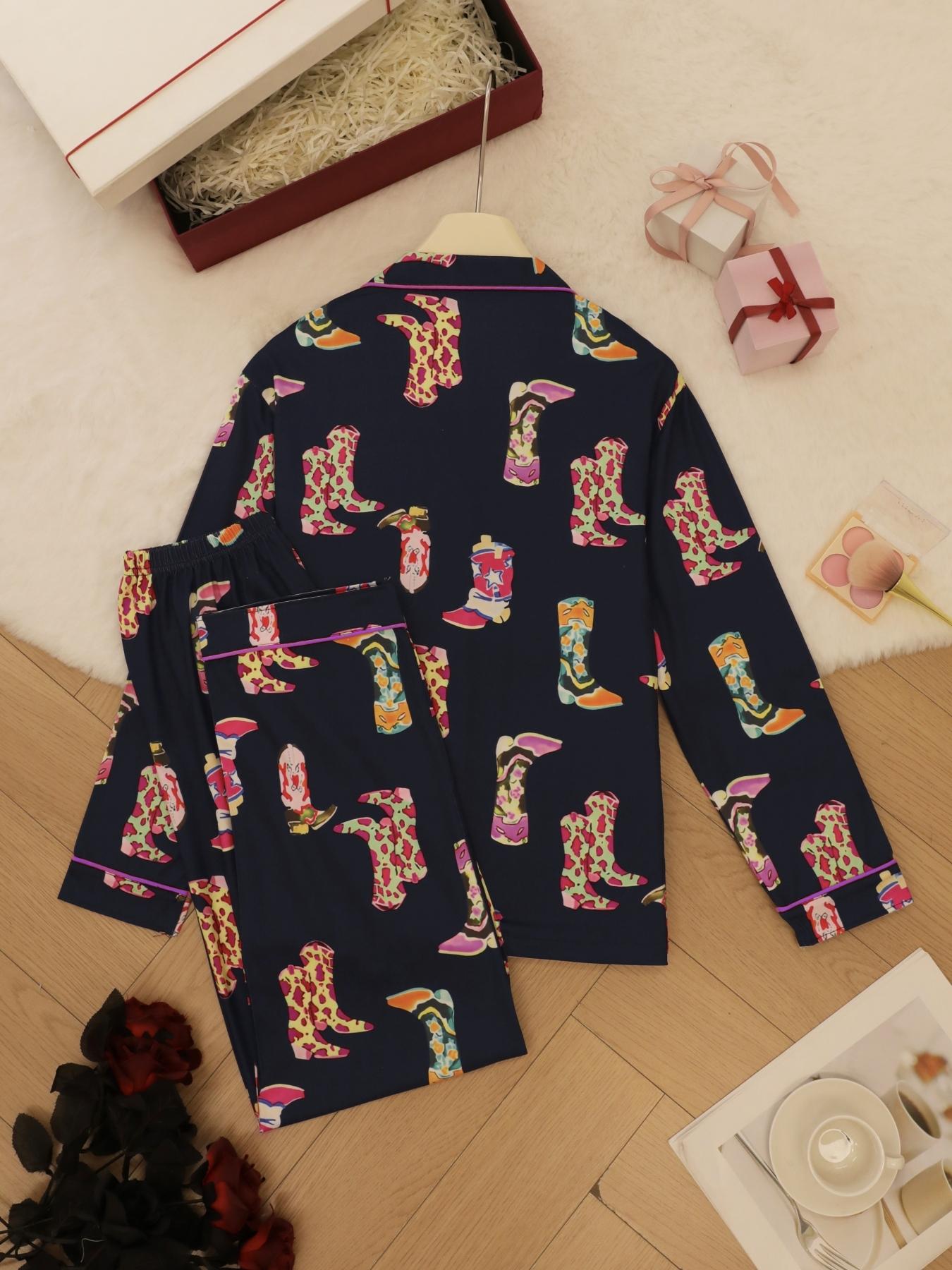 Women's Shoes Print Top & Pants Pyjama Set, Casual Comfy Long Sleeve Lapel Neck Top & Trousers Pyjama Set, Ladies Sleepwear for Spring & Fall, Casual Comfy Pajama