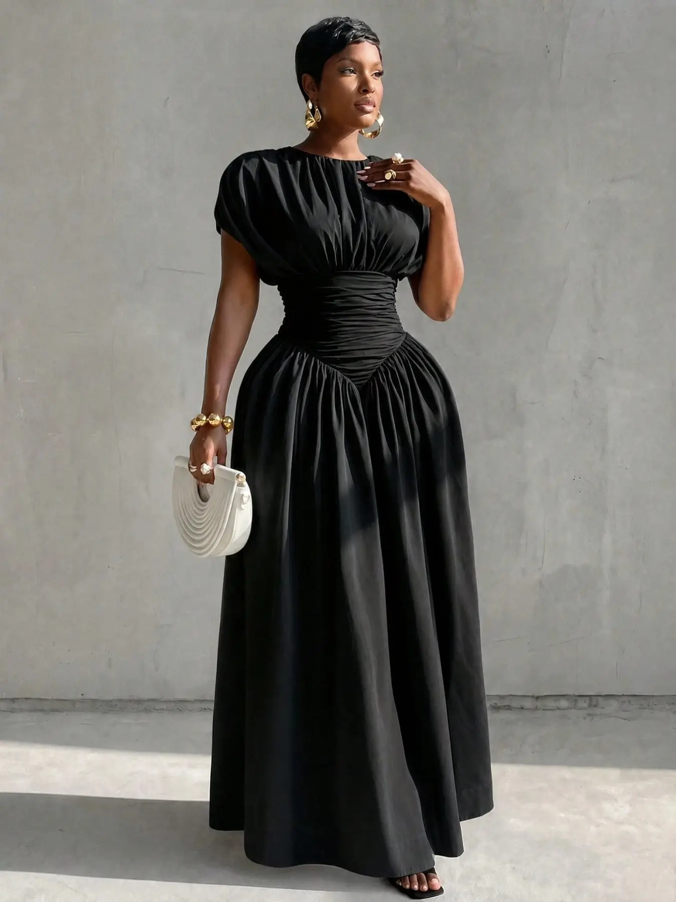 Women’s Ruched Waist Maxi Dress, Soft Lightweight Fabric, Flowy A-Line Long Dress, Elegant Minimalist Style for Weddings & Parties