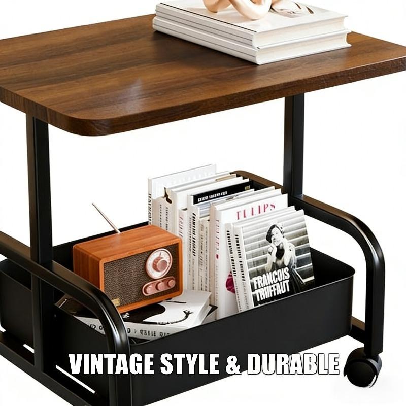 Vintage Style Movable Coffee Table Trolley Side Table, Living Room Sofa Storage Tea Cart with Wheels, Open Double-Layer Storage, Large Capacity, 360° Smooth Casters for Easy Movement