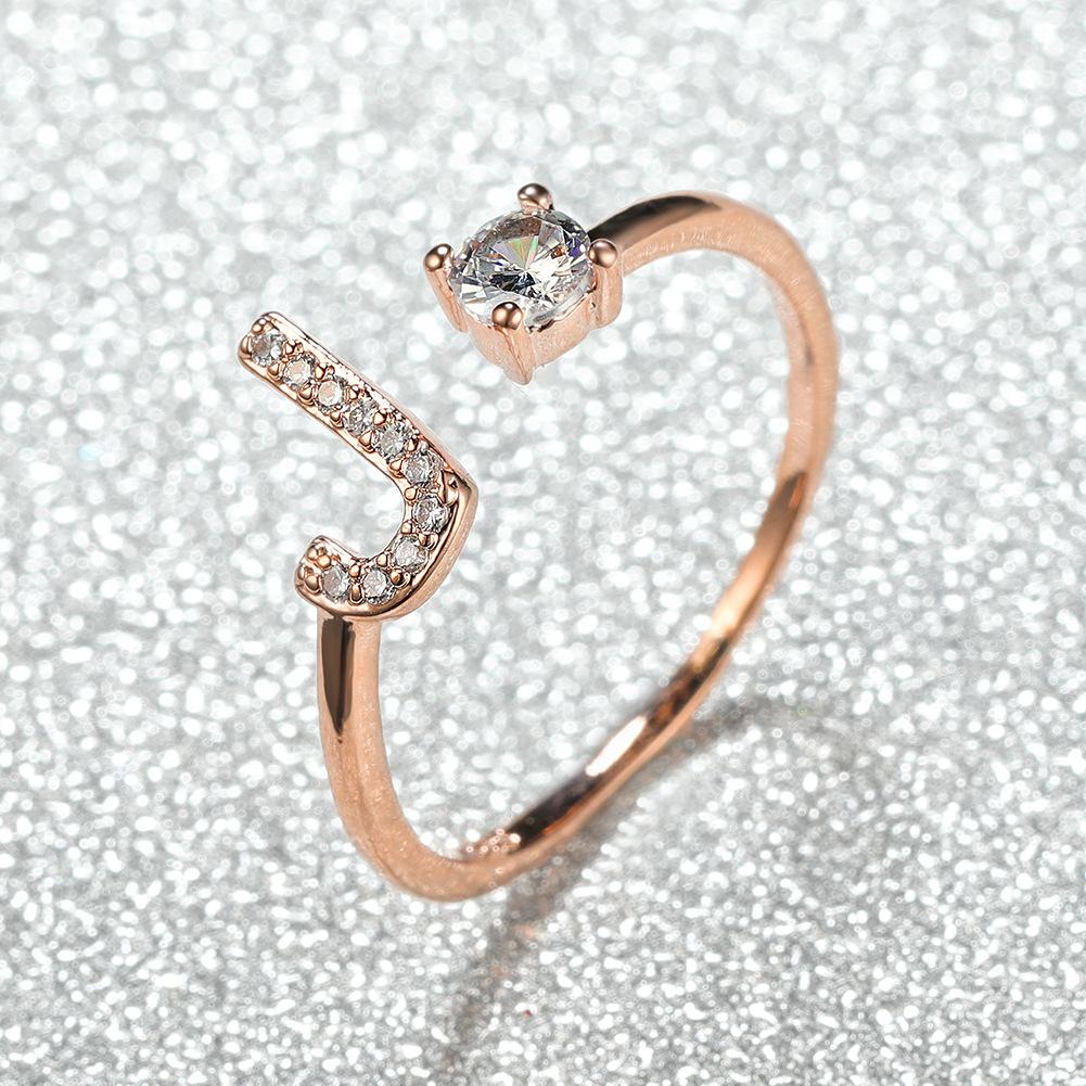 New rose gold letter ring, white diamond open ring accessory, unique personalized finger ring
