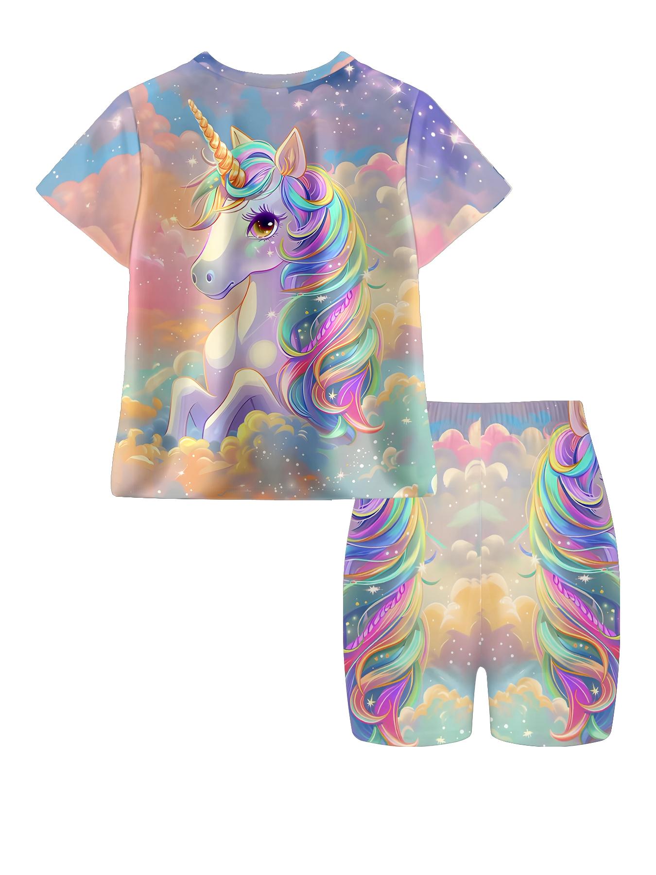 Girls Summer Cloud Rainbow Unicorn Set, Kids Dreamy Galaxy Short Sleeve & Shorts Two-Piece Outfit