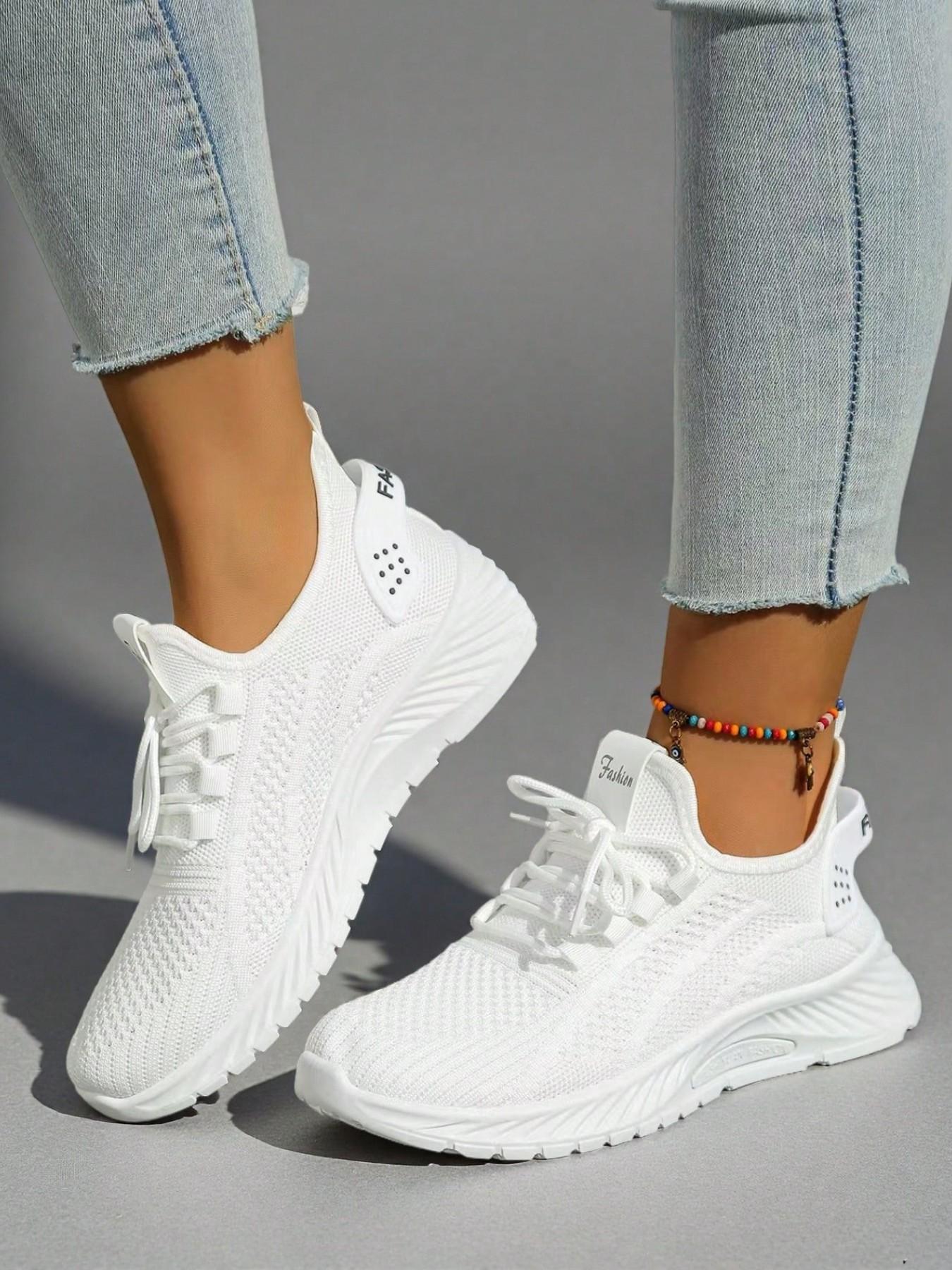 Women's Hollow Fly Knit Lace-Up Low Top Platform Walking Sneakers, Fashionable running shoes, Breathable Lightweight Non-Slip Thick Sole Casual Athletic Knitted Running Shoes for Daily Jogging, Shopping & Outdoor Activities