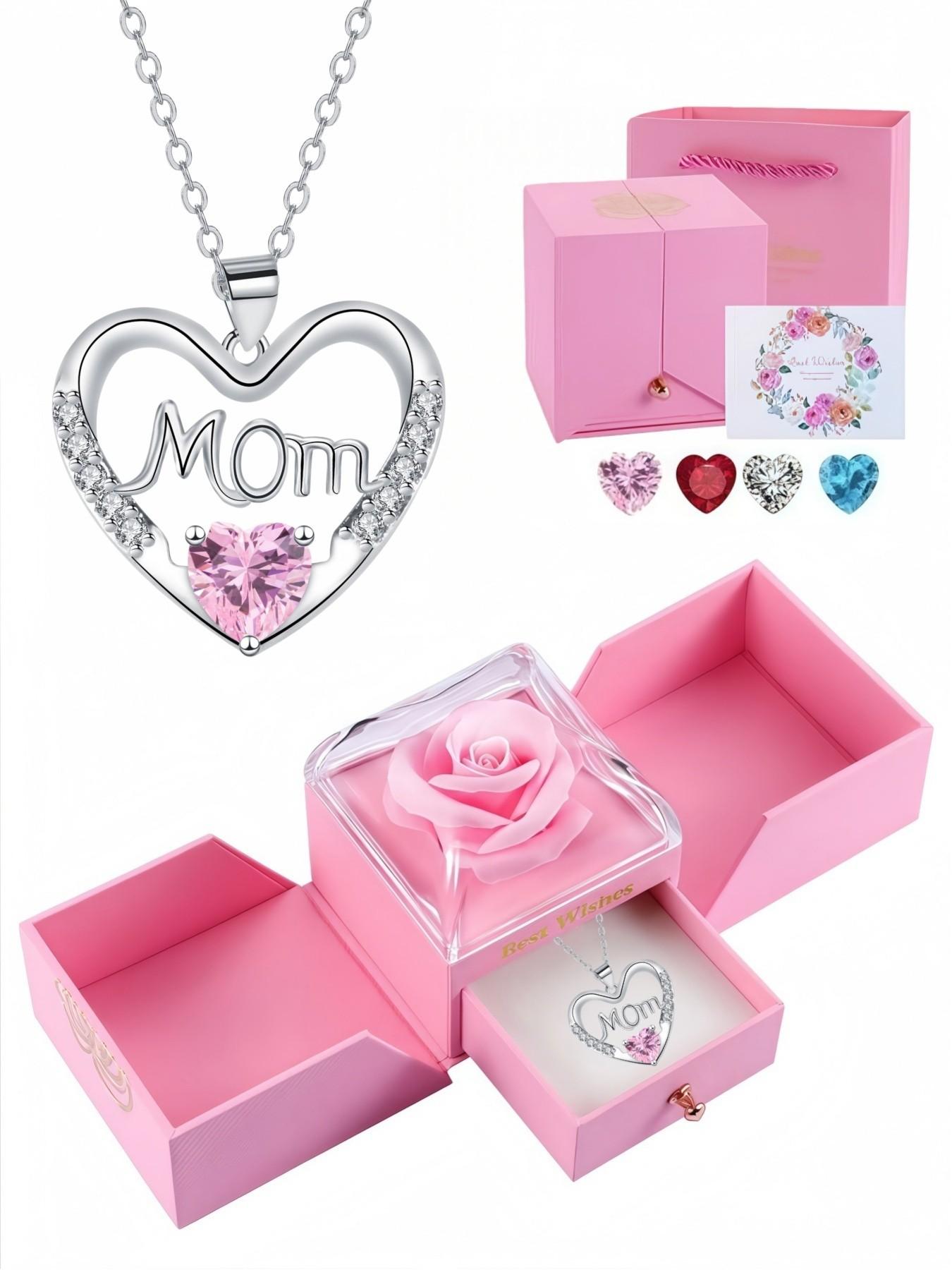 Heartprint Motherly Love Original MOM luxury premium heart-shaped gem necklace.Paired with a surprise double-door preserved rose jewelry gift box.Ideal gift for birthdays, Mother’s Day and Valentine’s Day.