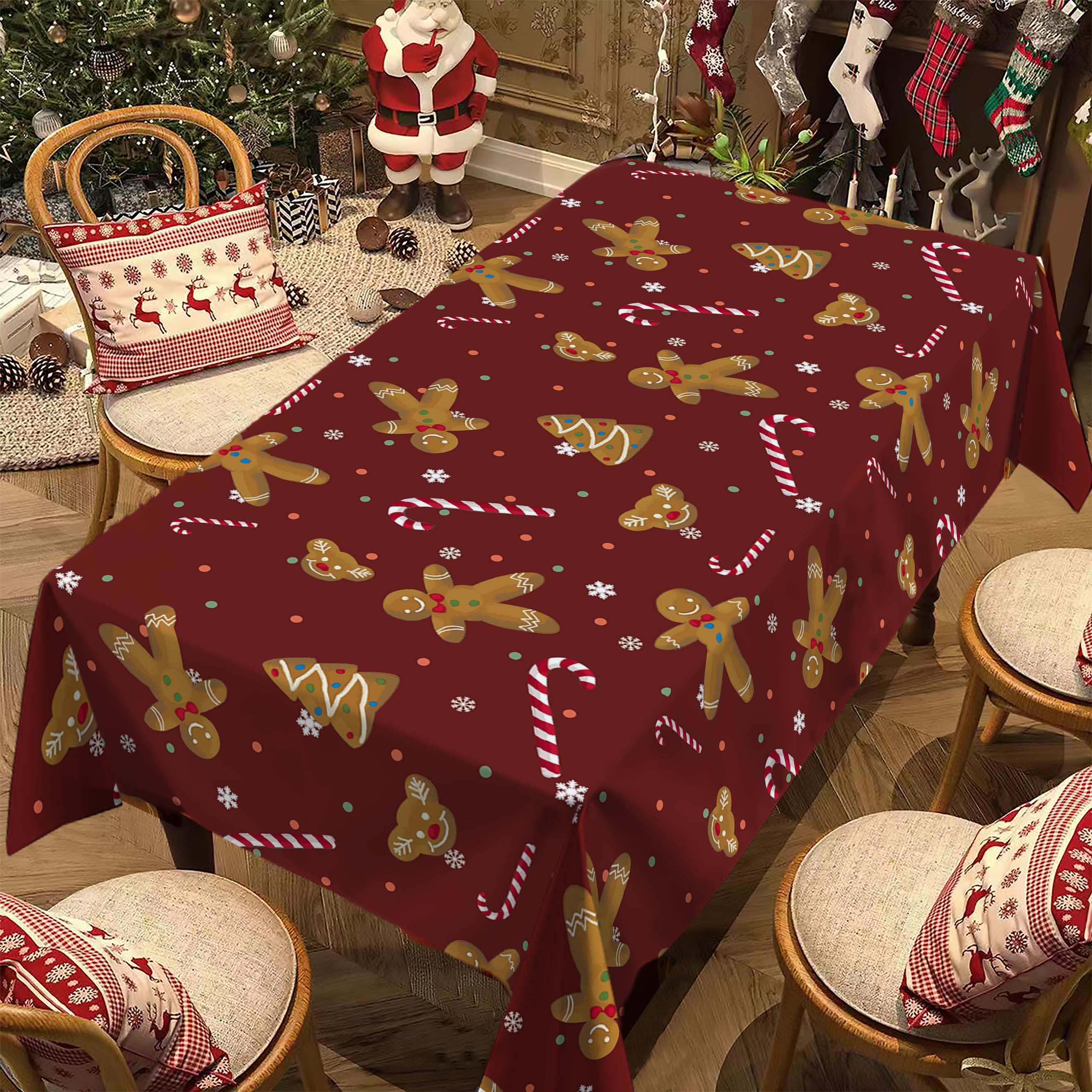 Christmas Rectangular Tablecloth, Gingerbread Man Cookie Design, Indoor & Outdoor Use, Home Kitchen Decor, Holiday Party Decoration