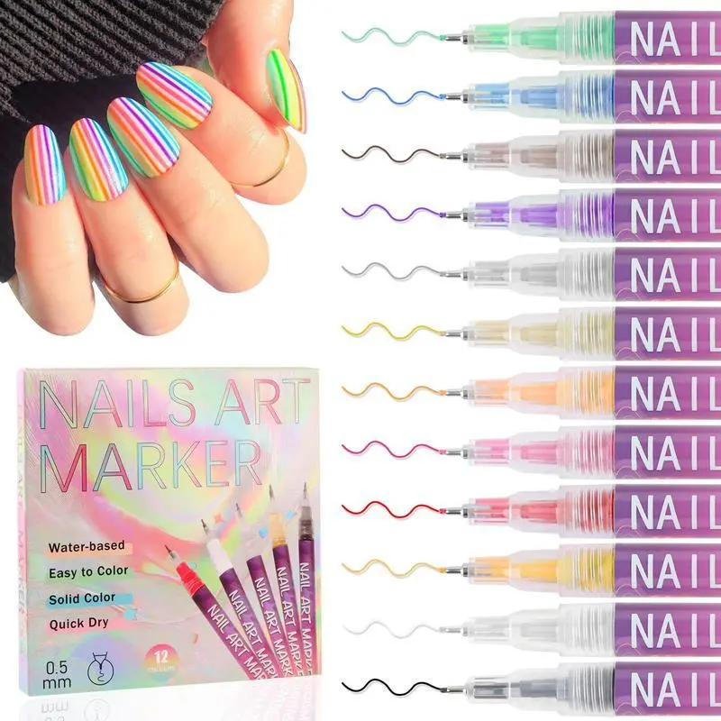 12-Color Nail Art Pen Set – Waterproof Quick-Dry Acrylic Liner & Polish Pens for Drawing, Painting, and DIY Manicure Design