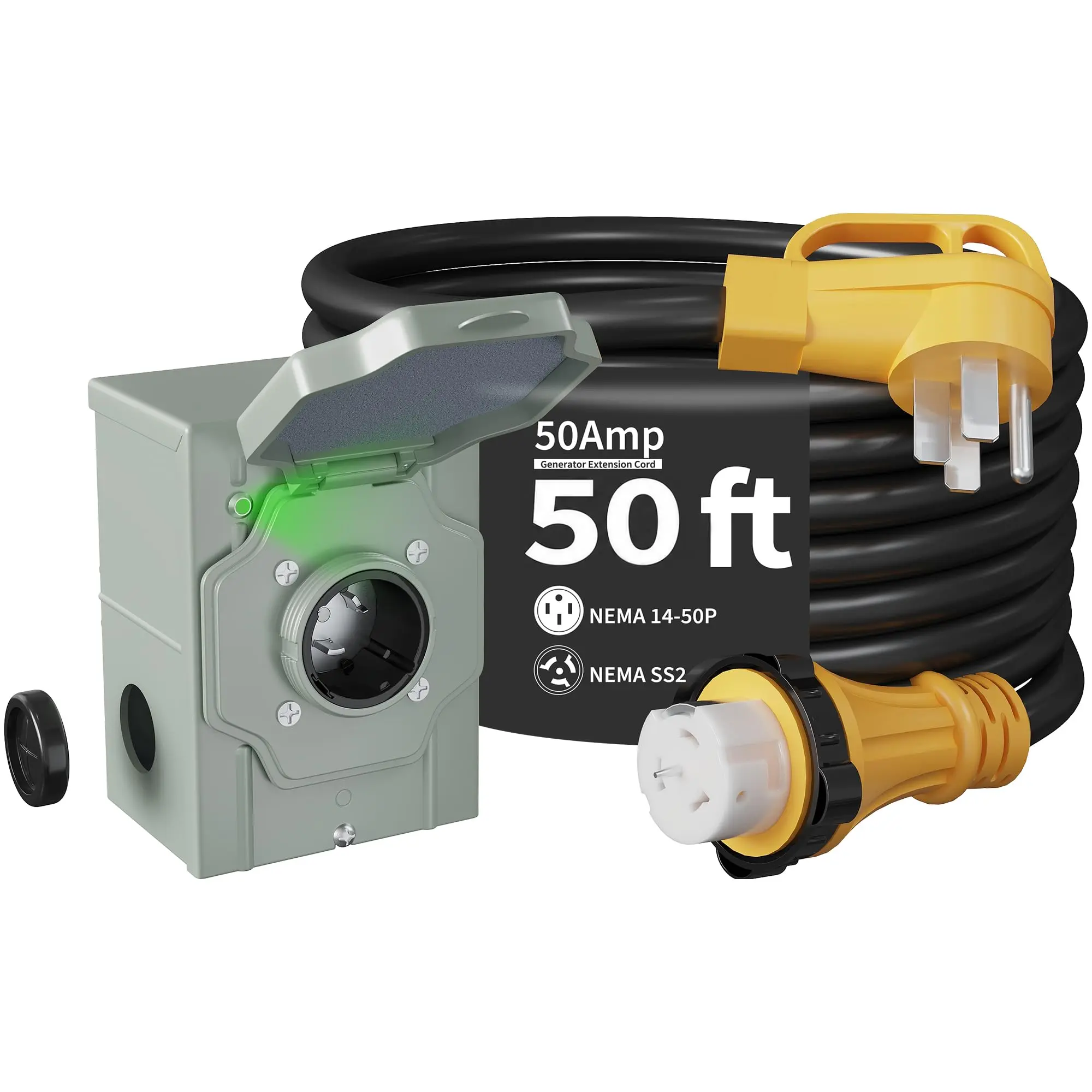 ETL Listed Generator Cord and Power Inlet Box Kit available in 50 Amp with 25FT and 50FT length options for reliable and safe power connection