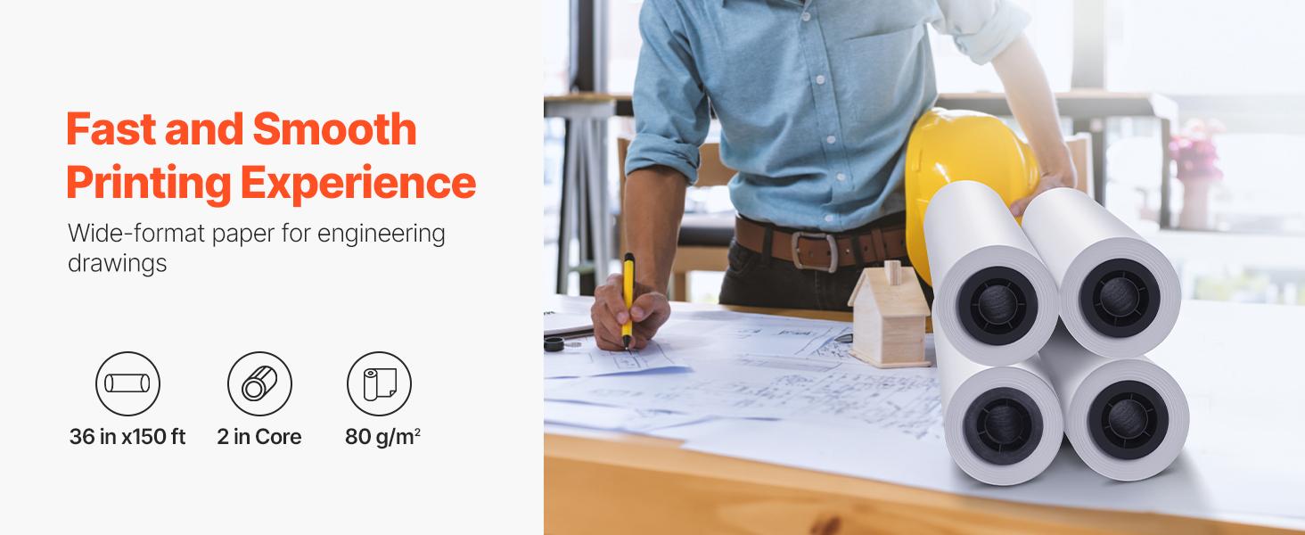 VEVOR Wide Format Paper, 36 inx 150 ft Plotter Paper, 4 Rolls CAD Bond Rolls with 2 in Core, 20 LB Bond Paper Rolls, Idea for CAD Drawings, Engineering Plans, GIS Maps Architectural Designs