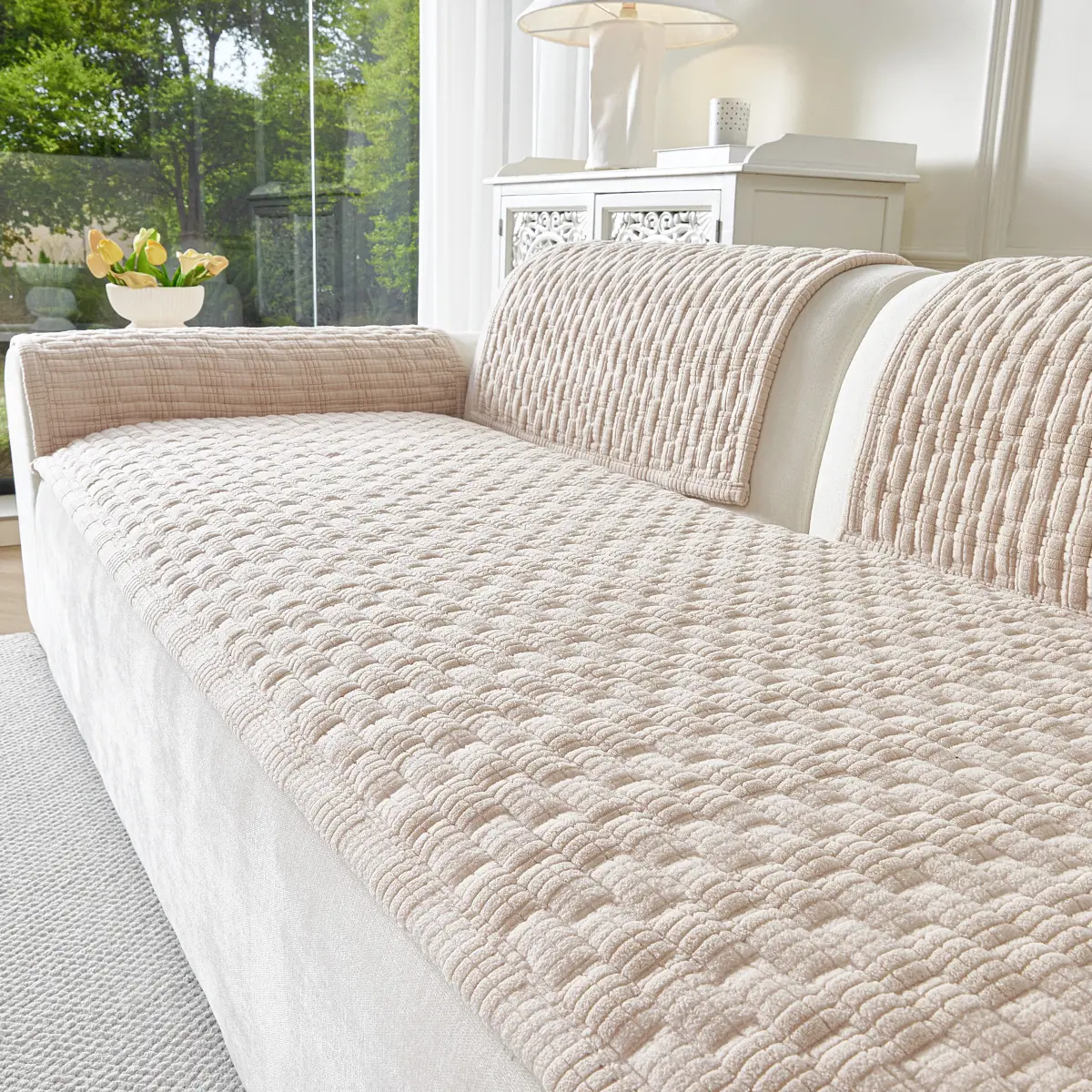 1pc Luxury Bubble Grid Sofa Cover, Soft Skin-Friendly Non-slip Slipcover, Dustproof & Wrinkle Resistant, Pet Friendly, Fits 1/2/3/4 Seater Sofa, All Season, Machine & Hand Washable