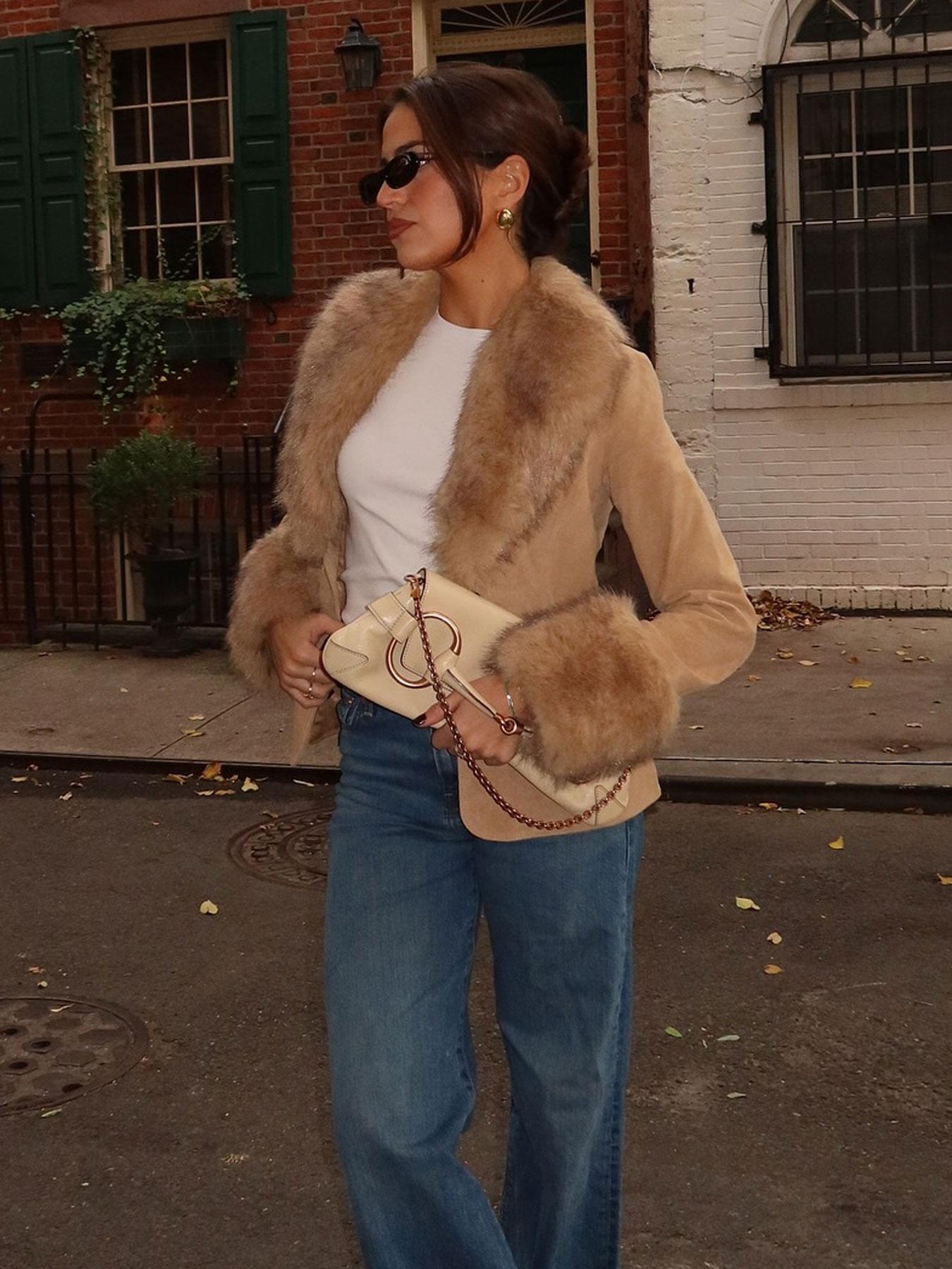 Women's Vintage Suede Jacket Coat, Faux Fur Trimmed Collar Cuffs and Button Design, Slim Fit Fall Winter Fashion Outerwear