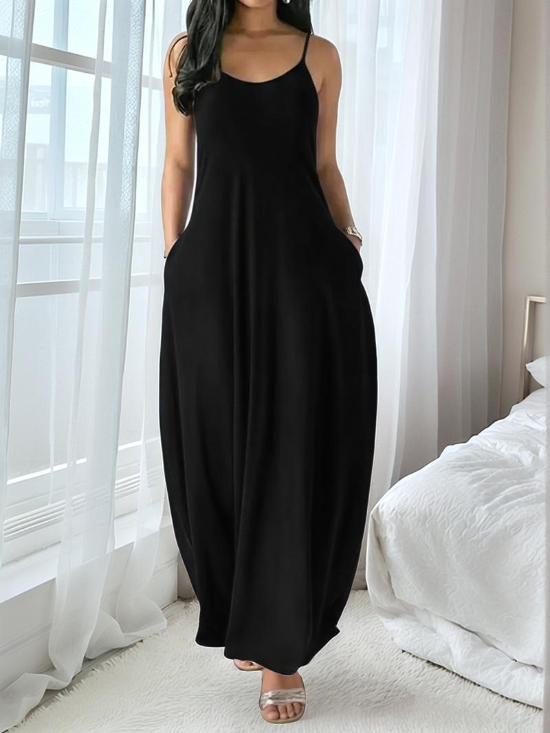 Women's Long Leopard Print Coffee Dress, Round Neck Sleeveless Pocket Sleepwear, Comfortable Casual Home Fabric All Seasons