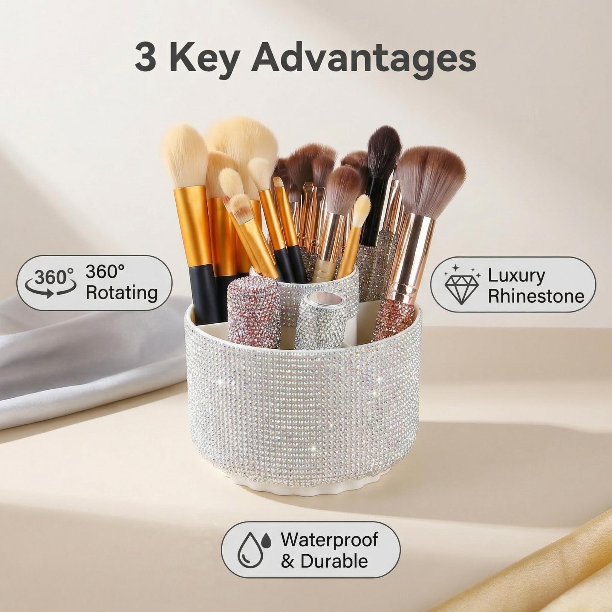 Luxury Rhinestone Makeup Brush Holder Storage Box, 360° Rotating Cosmetic Organizer with Multiple Compartments, Suitable for Women and Girls
