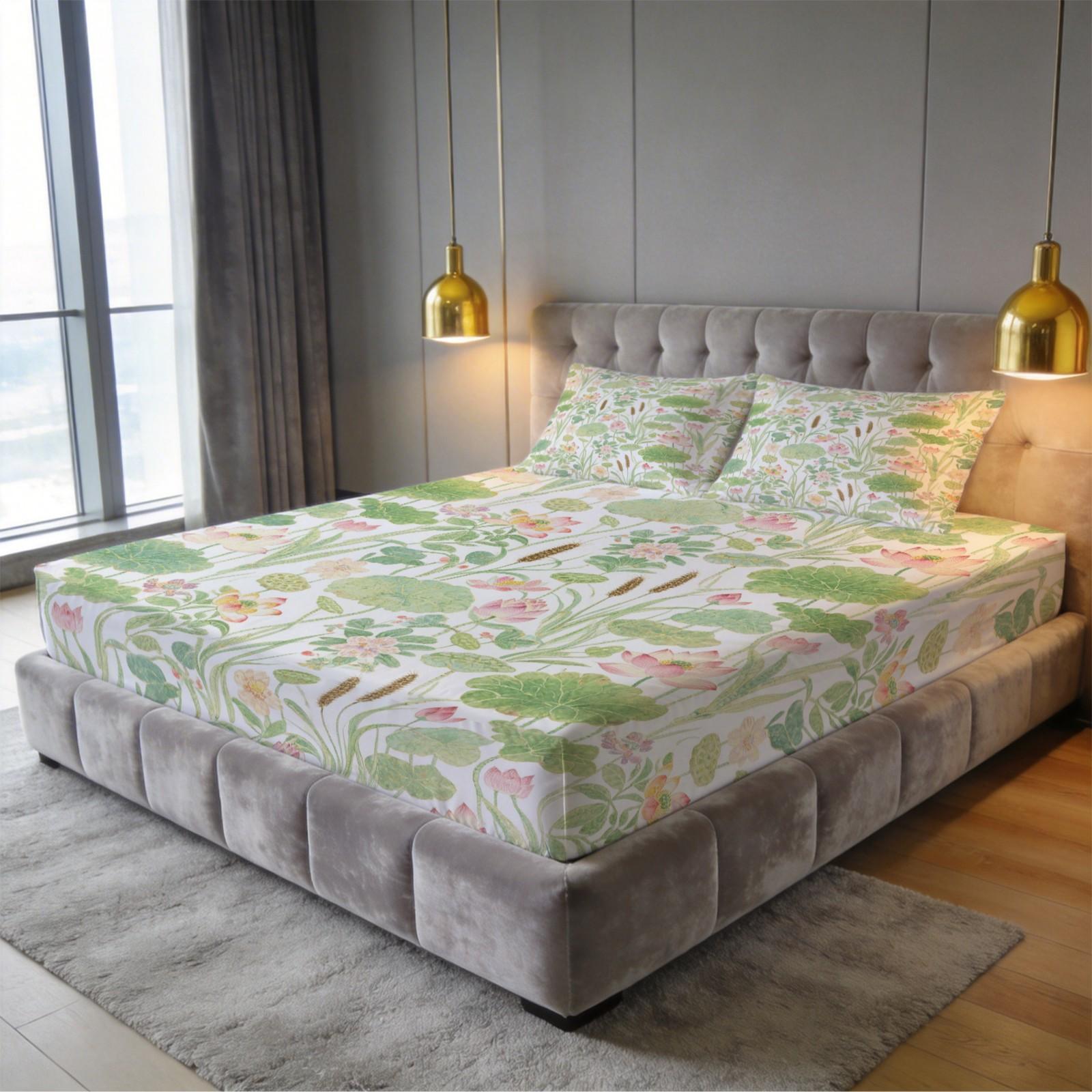 3 Piece Watercolor Lotus Pond Fitted Sheet Set, HD Digital Printed Deep Pocket Bed Sheet, Soft Breathable Bedding Set with Pillowcases (No Insert) for Bedroom Home Decor