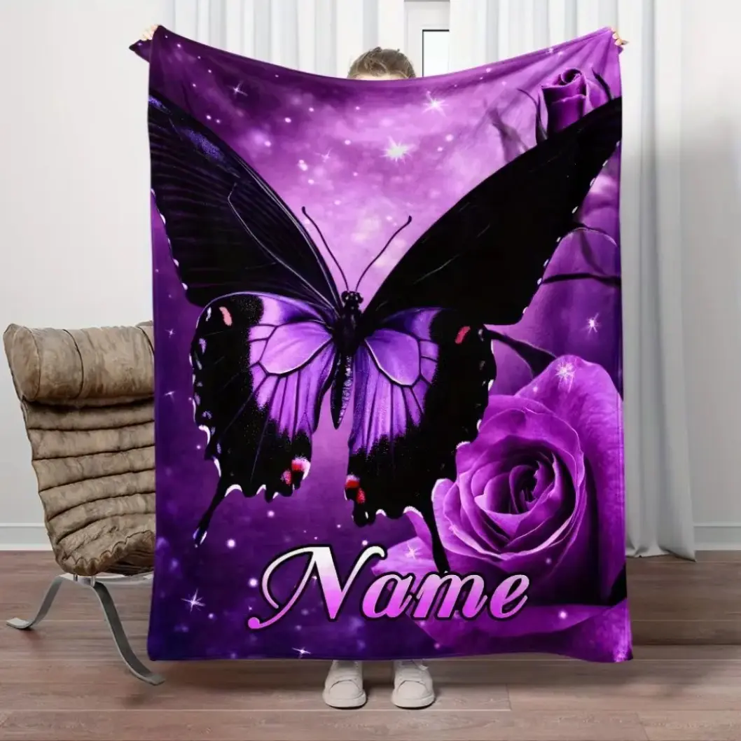 Customized Purple Butterfly Rose Sparkle Name Print Flannel Cooling Blanket, Soft Cozy Personalized Throw Blanket for Bedroom Sofa Home Decor, Lightweight Blanket for Adults Kids, Butterfly Lovers Birthday Holiday Gift, Throw Blankets, Blankets