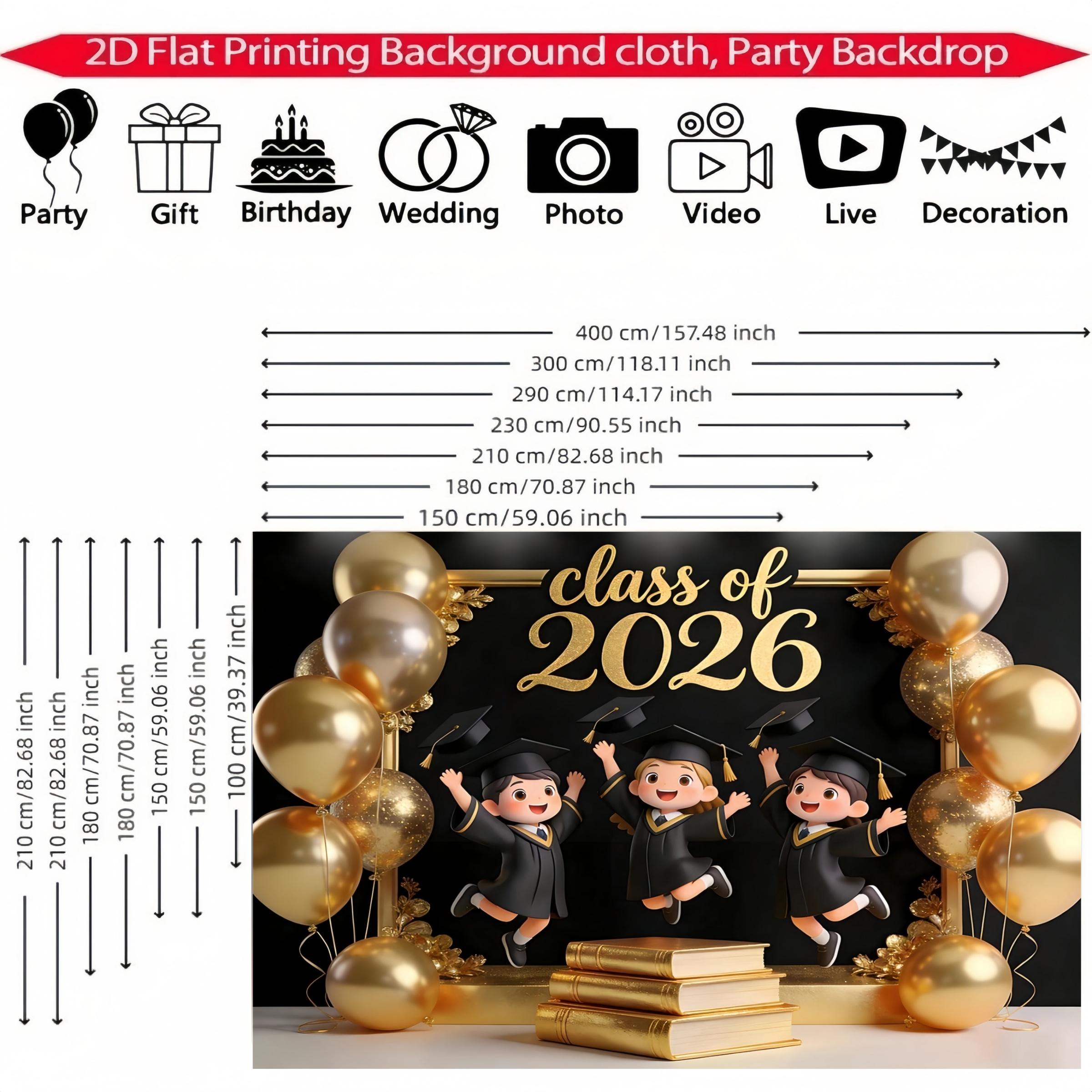 1-pack polyester fiber 2D flat printing 2026 graduation theme background cloth banner + door curtain three-piece set black gold balloon book design suitable for graduation parties, graduation ceremonies, studio shooting, classroom wall decoration