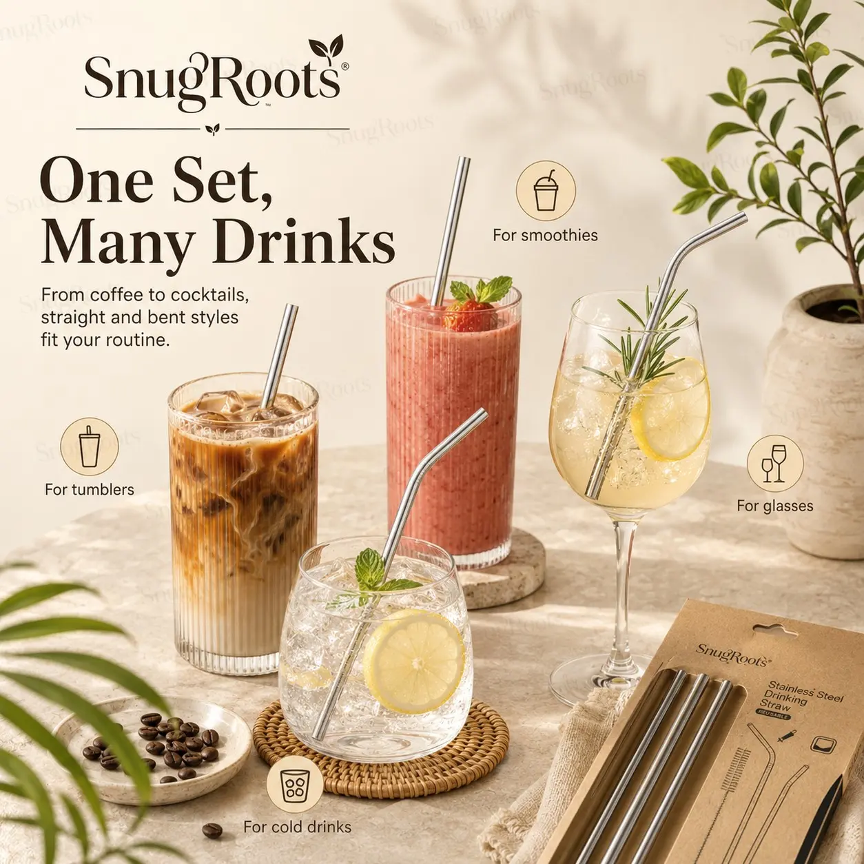 4PCS Stainless Steel Straw Set, Reusable Metal Straw, Drinking Straw, Eco Friendly Straw, Kitchen Drink Accessories, Tumbler Straw, Smoothie Straw, Cocktail Straw, Travel Straw Set, Stainless Steel Drinking Tools, Cup Accessories, Reusable Kitchen Supplie