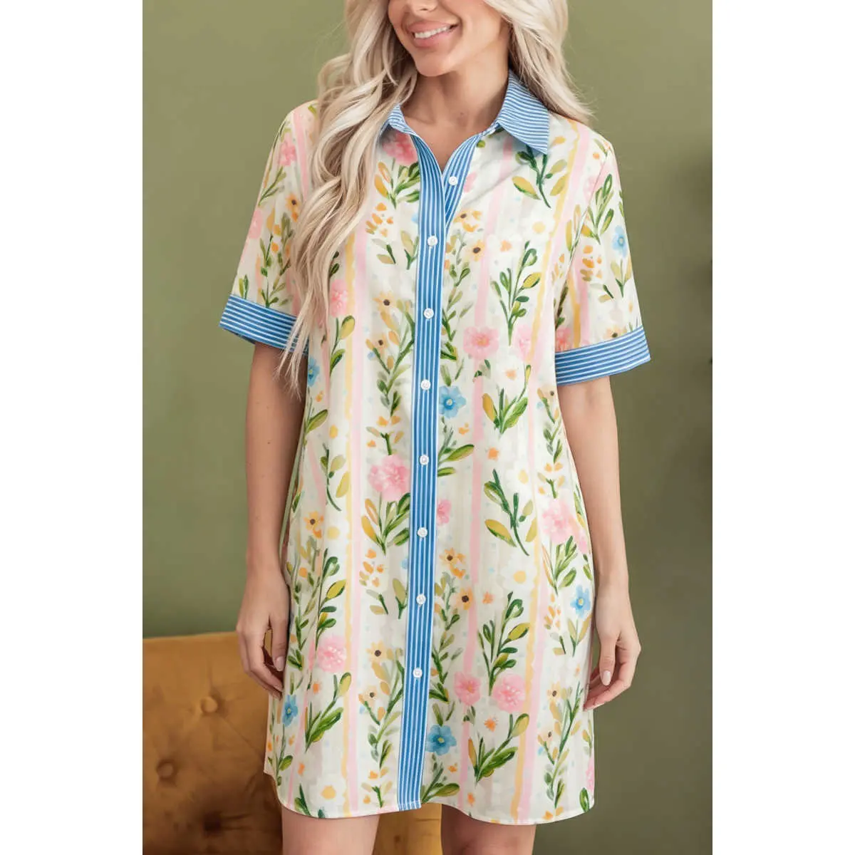 Multicolour Floral Print Striped Trim Button Down Shift Dress