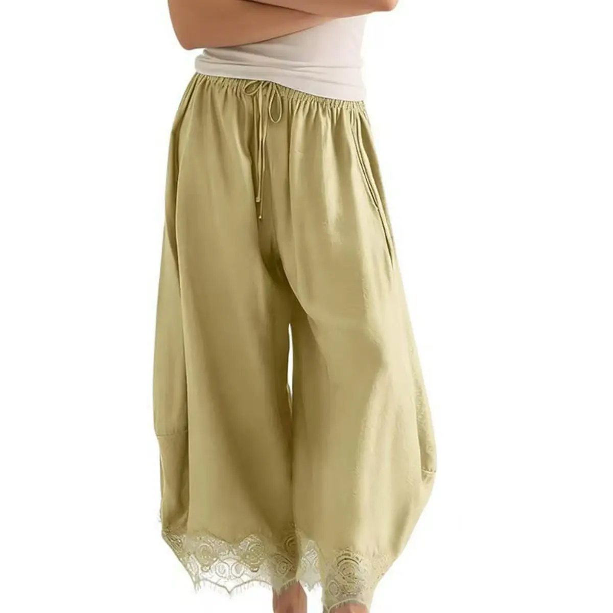 Women's Lace Trim Barrel Pants, Elastic Drawstring Waist Cropped Harem Pants, Relaxed Wide Leg Boho Casual Pants for Travel, Vacation & Everyday Wear