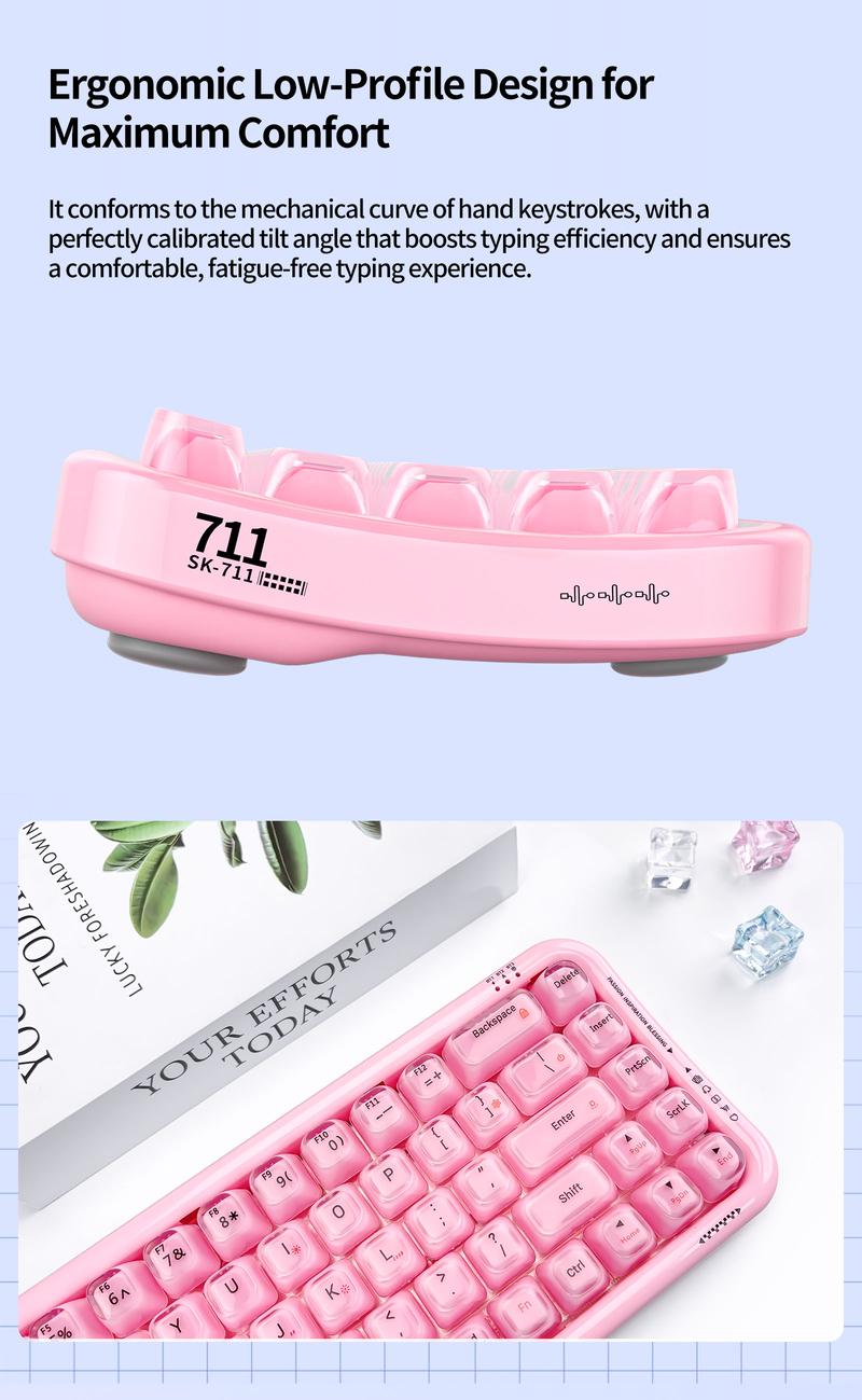 MOFii RGB Gaming Keyboard | 15 Light Effects, Cute Pink Transparent Keycaps, Rechargeable, BT/Wireless/Wired, US QWERTY