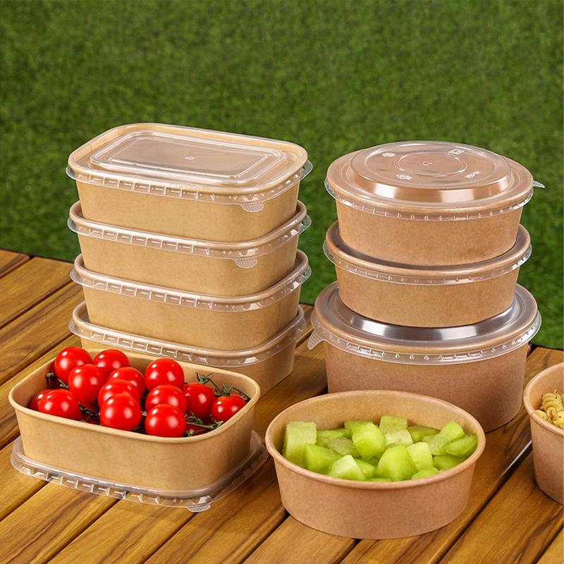 50Pack Disposable Kraft Paper Bowls with Lids and Forks,35oz Square/36oz Round,Meal Prep Containers Disposable Large Paper Bowls, Leakproof Food Containers Treat Soup Serving Bowl, Microwave Safe for Hot/Cold Food Clamshell Takeout Tray Compostable Arc Cu