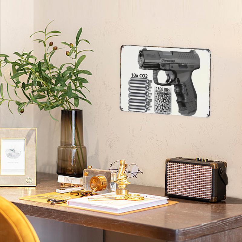 Room Decor Retro Pistol Metal Iron Sign, "cp99 Compact" Pistol Design Retro Metal Iron Sign, Waterproof And Weatherproof Decoration, Perfect For University, Cave, Bar, Cafe, Garage, Farmhouse, Man Cav, Vintage Metal Sign