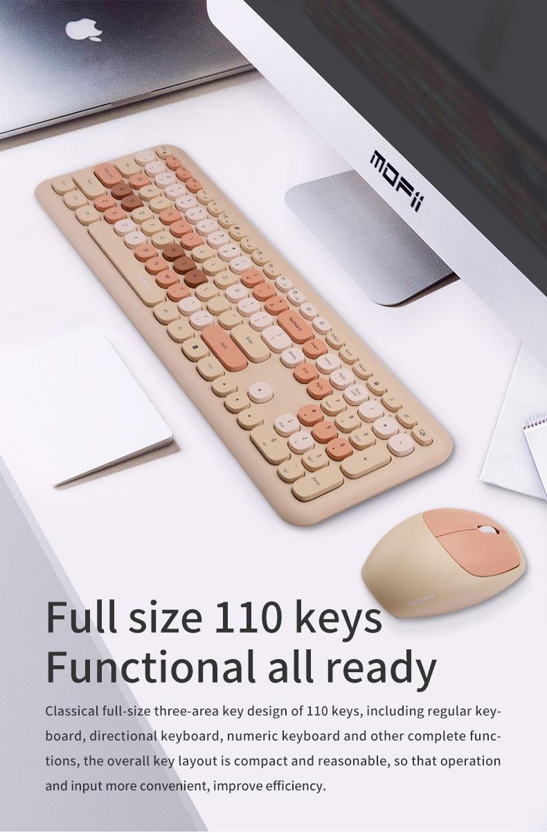 MOFii 1 Set Wireless Keyboard and Mouse Combo, Silent for Girls Office, Milk Tea Color Round Keycaps, Universal for Laptop/Desktop, US Qwerty (Batteries Not Included)