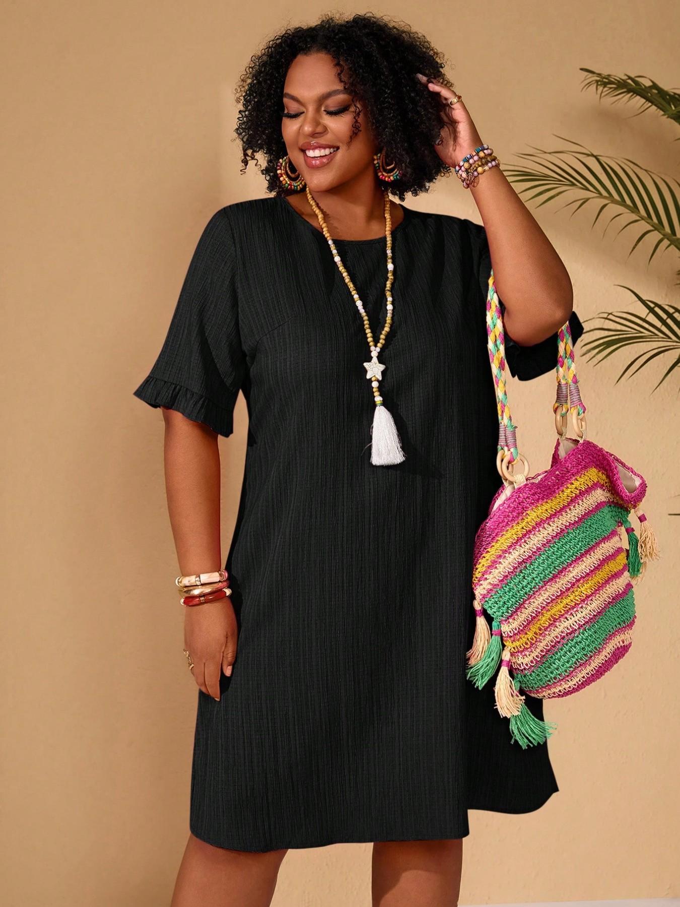 Plus Size Women's Round Neck Solid Everyday Dress, Textured Vertical Stripe Ruffled Sleeve Loose Feminine Casual Boho Elegant Skirt, Ideal for Daily Home and Outing Wear