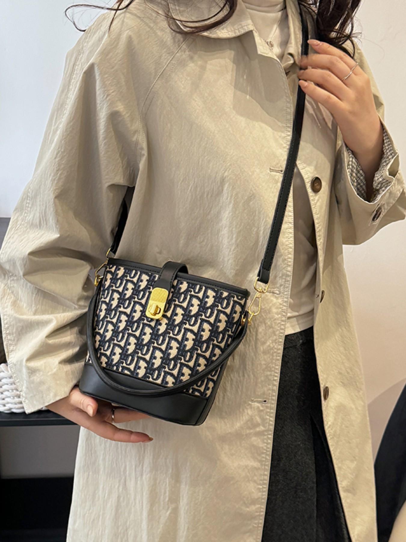 Elegant Embroidered Handbag, Canvas Bag, Versatile Bucket Bag, Compact Shoulder Crossbody, Perfect for Daily Commute & Shopping, Stylish Minimalist Design
