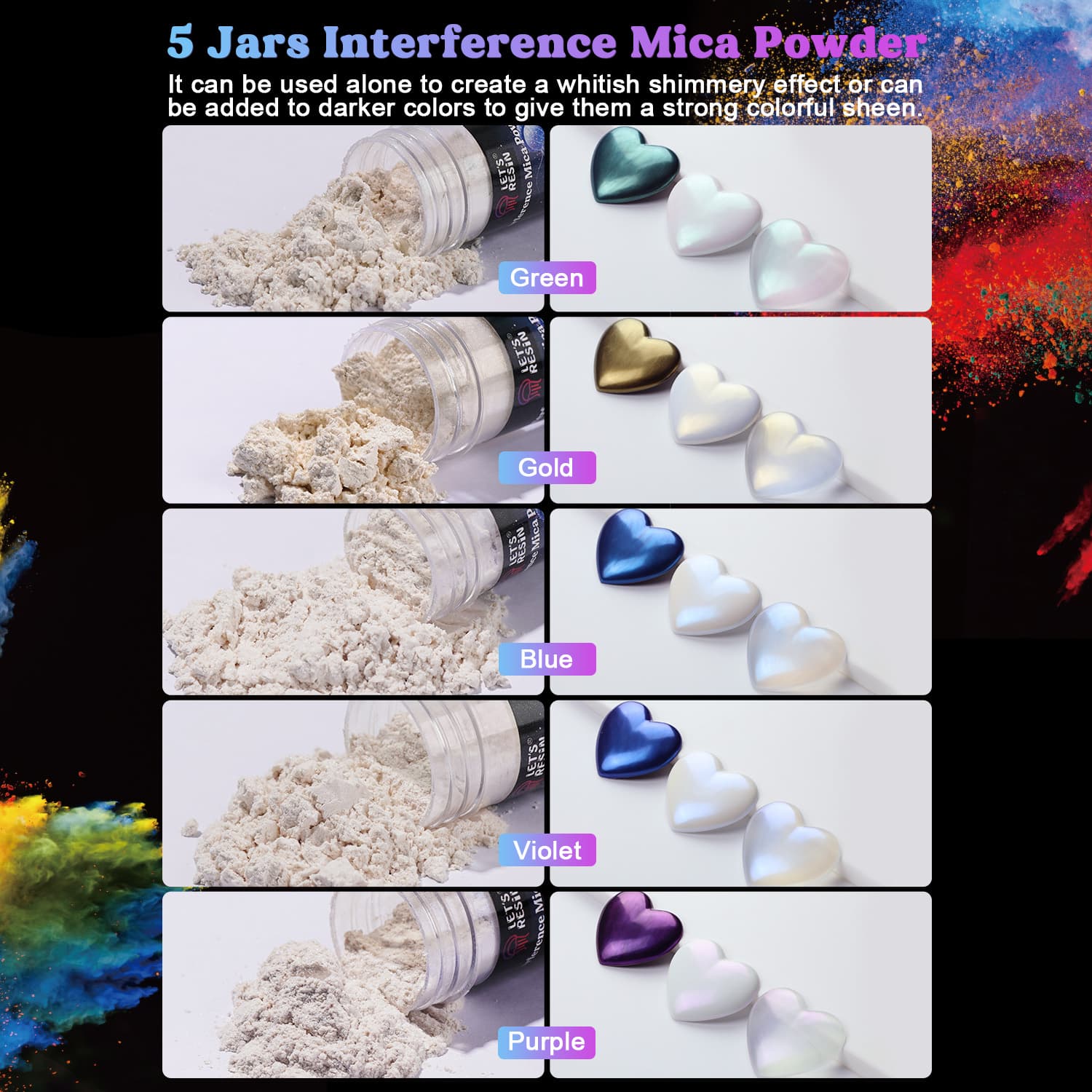 36/60 Colors Mica Powder, Mica Pigment Powder for Epoxy Resin/UV Resin, Natural Colorant Dye for Soap/Candle Making, Lip Gloss,Nail Polish, Slime and Bath Bomb Visit the LET'S RESIN Store 36/60 Colors Mica Powder, Mica Pigment Powder for Epoxy Resin/UV Resin, Natural Colorant Dye for Soap/Candle Making, Lip Gloss,Nail Polish, Slime and Bath Bomb Visit the LET'S RESIN Store