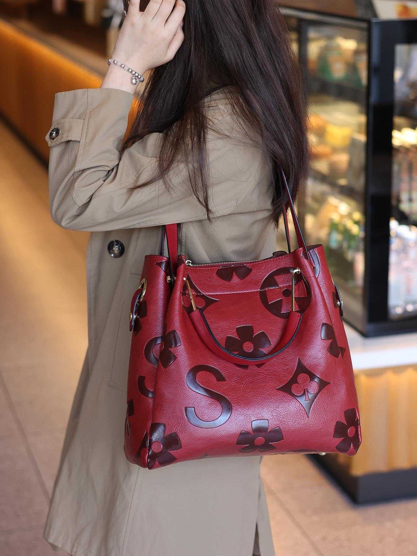 Women's Fashionable Floral Embossed Handbag Set, Including Large Capacity Handbag & Crossbody Bag, Trendy Versatile Daily Commuting Bag Set