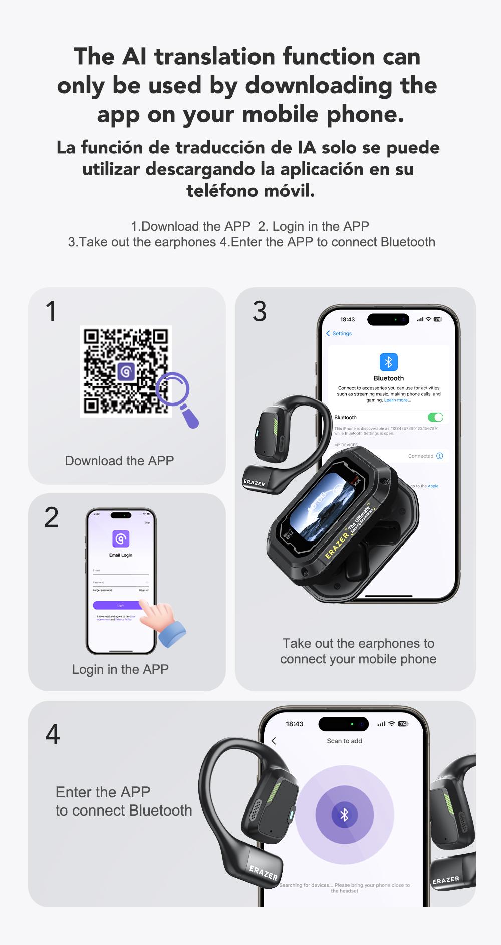 ERAZER Open Ear Translation Earbuds, Support 135 Languages Translator with APP, Real Time Translator Earbuds, OWS LCD Touchscreen Translator Bluetooth Headphones Long Battery Life Ear Buds Compatible with iPhone, Android, Black