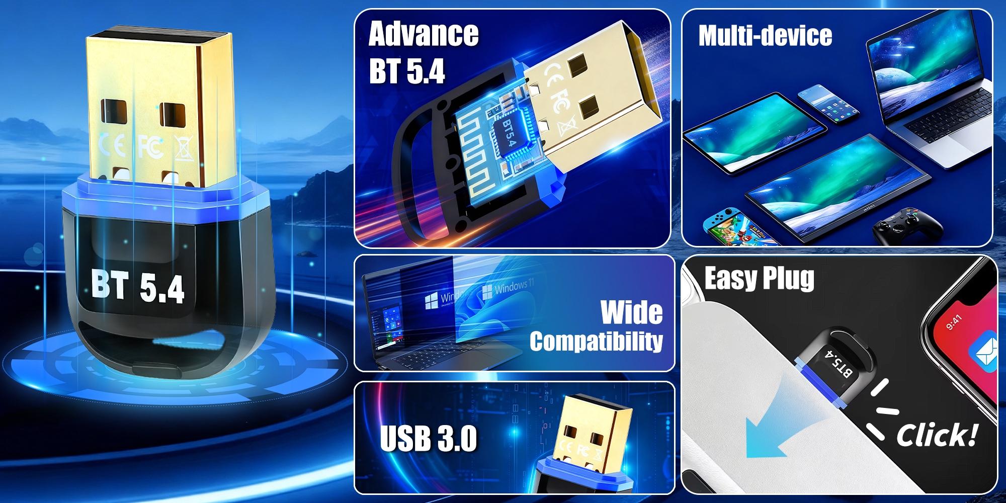 Wireless Bluetooth Adapter for Desktop - 65 Feet Long Range USB Dongle with BT 5.4 Technology, Supports Audio & Data Transfer, Easy Installation for Wireless Speakers, Headsets, Keyboards, Mice for Home and Office Setup