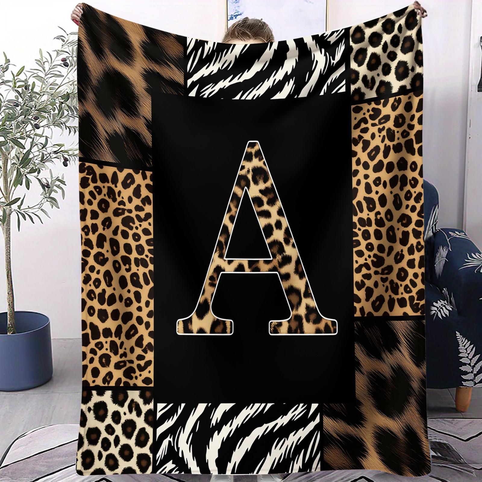 Animal Print Monogram Throw Blanket, Leopard Zebra Tiger Initial Soft Flannel Blanket for Sofa Bed, Gift for Animal Lovers