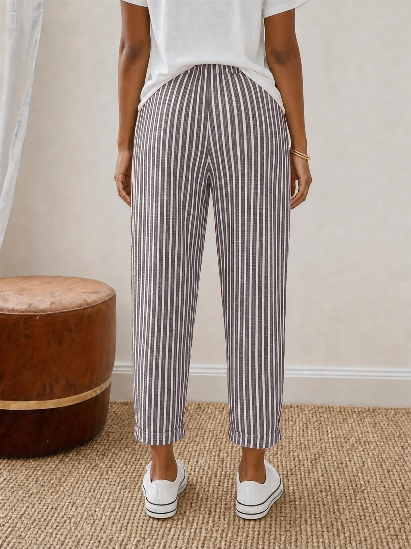 Women 2026 New Arrival Vertical Striped Linen Blend Cropped Pants, High Waist Drawstring Cuffed Casual Capri Trousers with Pocket, Summer Loose Fit Beach Everyday Jogger Pants, All Season, Casual Style Bottoms