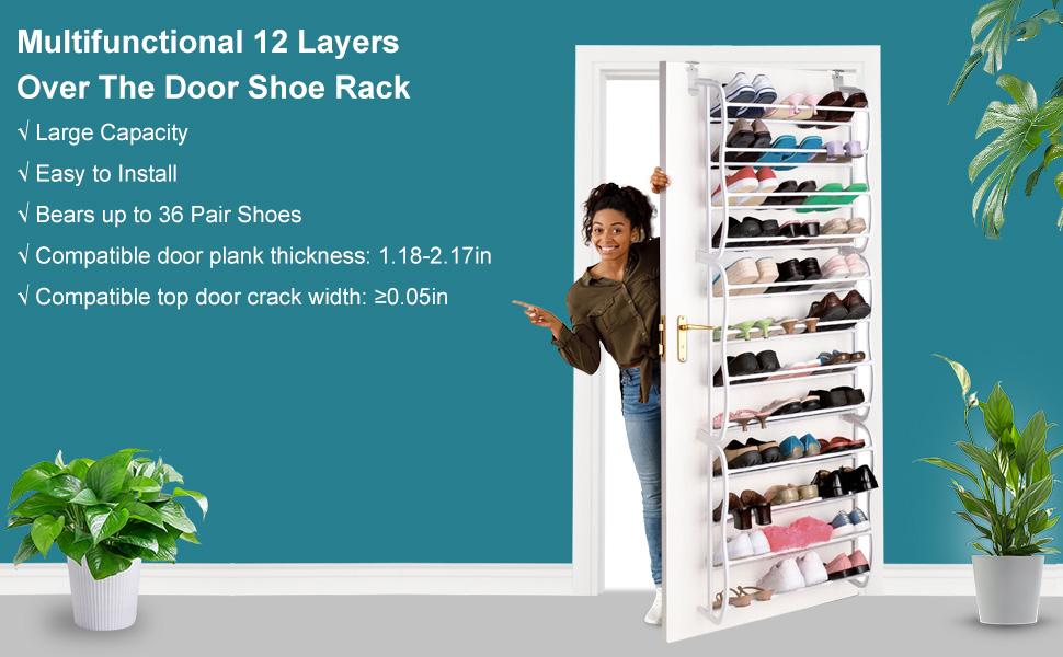 FCH 12 Layers Over The Door Shoe Organizer Wall-Mounted Style Shoe Rack Hanging Plastic Metal Shoe Rack Narrow Tower Shelf Space Saving Shoe Storage Holder,Holds 30 Pairs of Shoes,Easy to Assemble,White