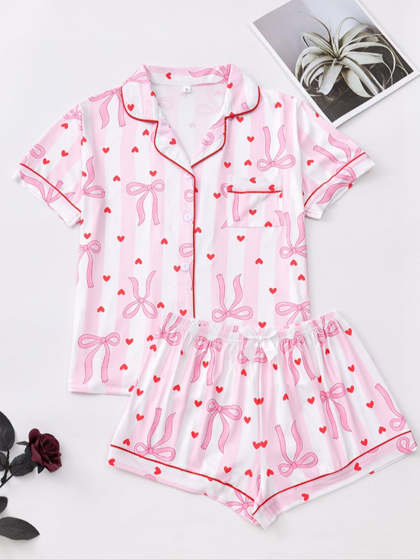 Valentine's Day Bow and Heart Print Pajama Set, Soft Silky Striped Short Sleeve Sleepwear, Women's Comfortable Nightwear