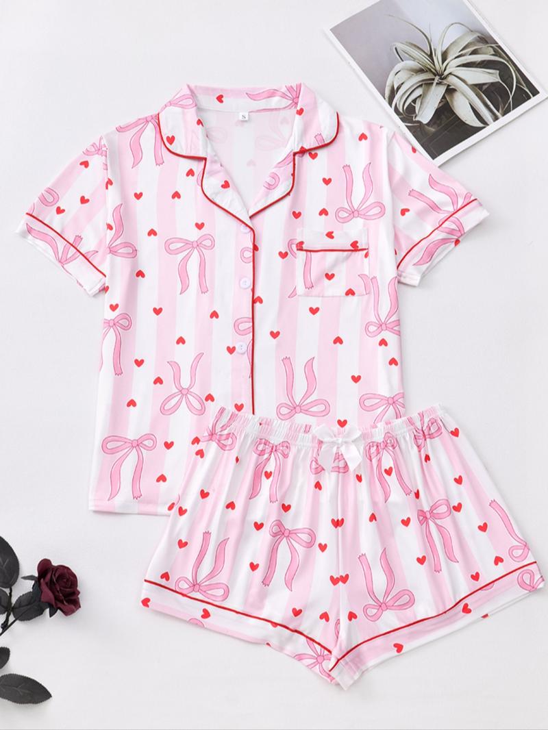 Valentine's Day Bowknot Heart Print Pajama Set, Soft Silk Striped Butterfly Knot Short Sleeve Sleepwear, Women's Comfortable Nightwear