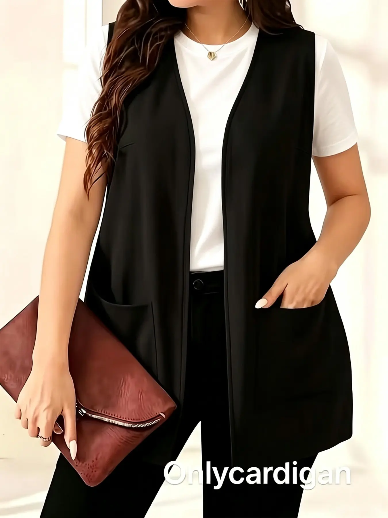 Plus Size Solid Black Sleeveless Vest Casual Open Front Loose Vest, Minimalist Vintage Waistcoat Tops, Relaxed Fit Daily Office Outfits, Simple Pocket Design Business Casual Layering Wear