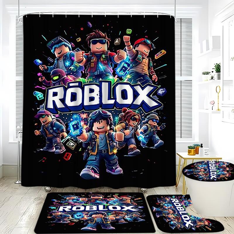 Roblox Game Theme Bathroom Four Piece Set, Character Print Shower Curtain, Player Exclusive Bath Mat, Toilet Pad, U-Shaped Pad, Elegant Bathroom Decor