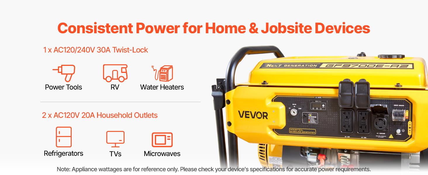 VEVOR Portable Generator, 9625W Peak Watt Home Generator, Backup Generators for Home with Foldable Handle, Electric Start, Gas Powered, CO Sensor, RV Emergency Ready 30A 20A Outlets, AVR