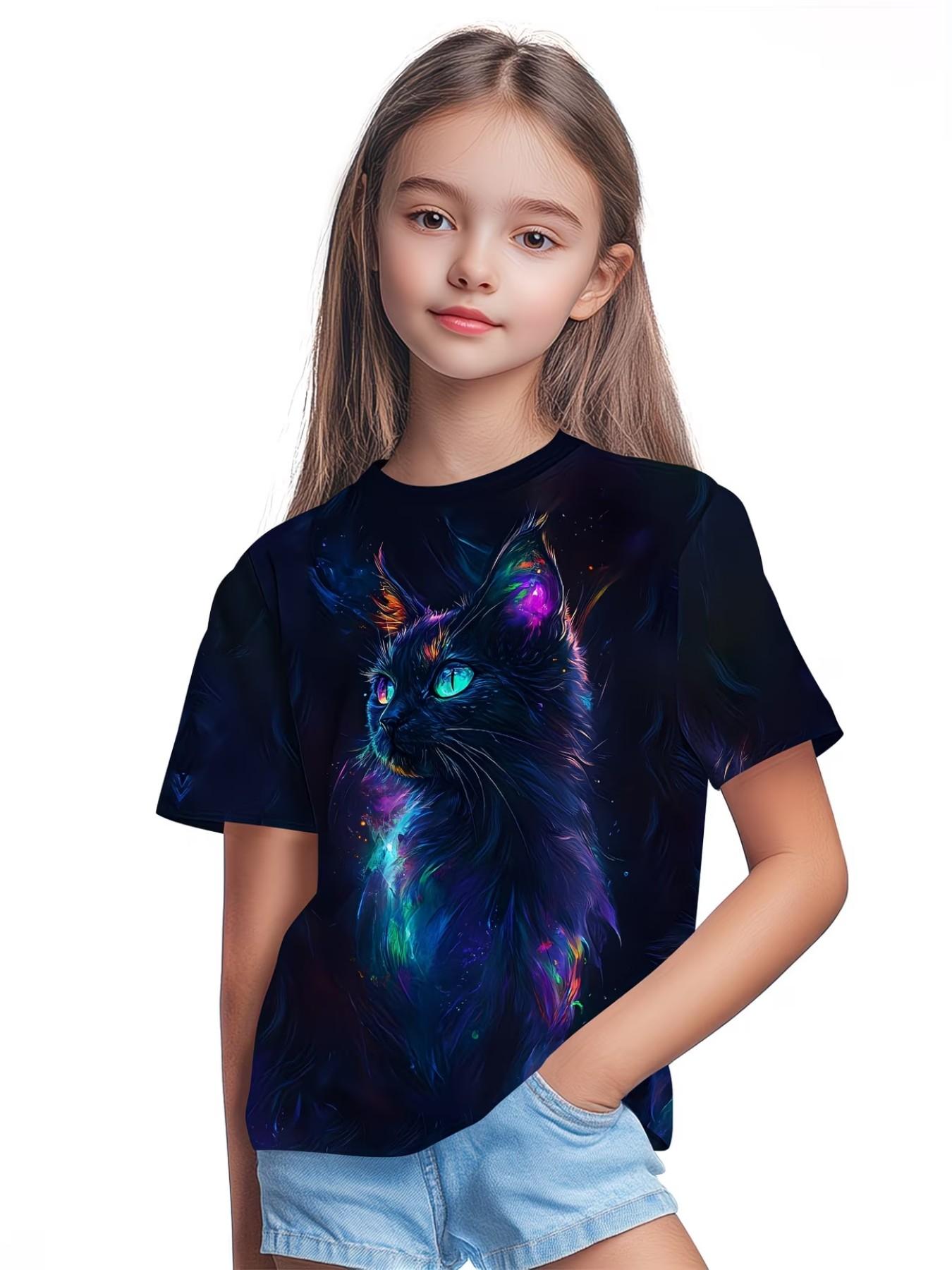 Short Sleeve T-Shirt with Cat Pattern, Cute Graphic Top for Girls, Summer Fashion Casual Loose-Fit Tee