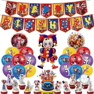 The Amazing Digital Circus Balloons Happy Birthday Banner Party Decoration Cake Topper Background Disposable Tableware Sticker