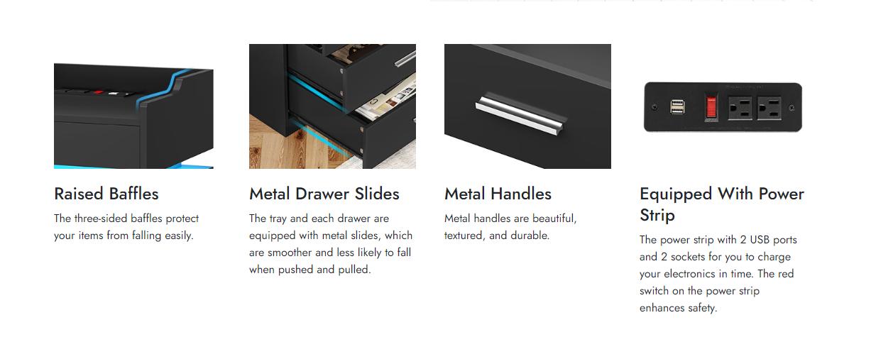 Sikaic Large Nightstand With Charging Station And LED Lights Furniture Bedroom Table Drawer