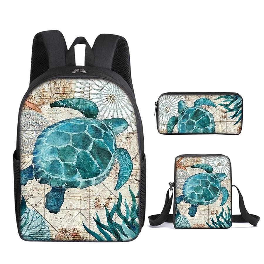 Turtle pattern printed 16-inch backpack three-piece set (single-layer backpack + small satchel + single-layer pencil case)