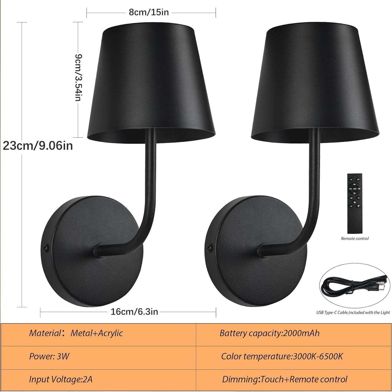 2-Pack LED Wall Lights, Remote Control, Dimmable Timer, Rechargeable Touch Control, Indoor Lighting for Bedroom Office Hallway