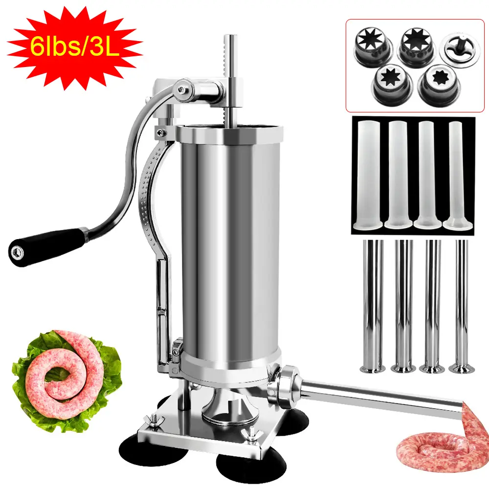 6lbs Vertical Sausage Stuffer, 304 Stainless Steel Body, Sausage Machine with 4 Suction Cups, Manual Meat Stuffers, 8 Filling Tubes, 4 Churros Molds
