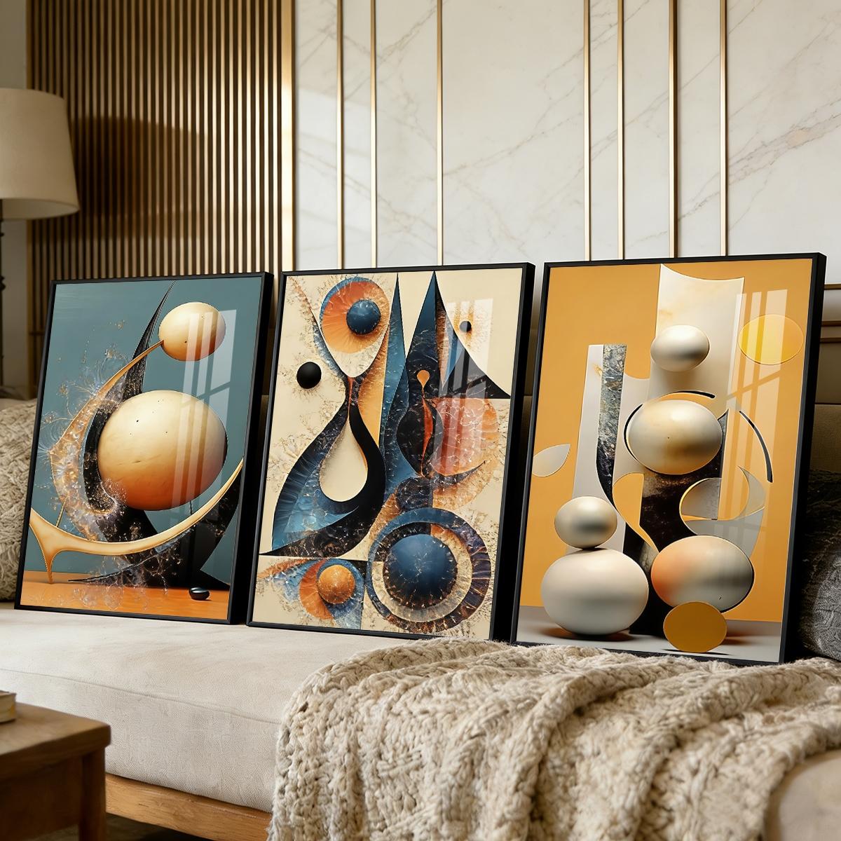 3 Counts Aluminum Alloy Framed Painting, Abstract Geometric Shapes And Spheres Art Pictures, Home Decoration For Living Room, Bedroom, Office, Restaurant, Hallway Wall Decor, Odorless Print Artwork, Luxury Perfect Gift For Friends And Family